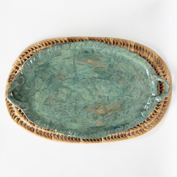 Vintage Handmade Ceramic Rustic Coastal Serving Platter Tray Flat Dish Hand Made - Picture 1 of 5